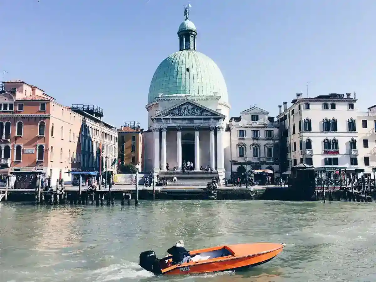View of a motorboat in Venice, Italy.